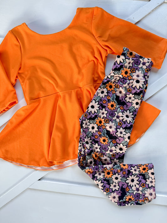 3T PEPLUM AND LEGGINGS SET ORANGE TOP PURPLE BATTY BOTTOMS| RTS